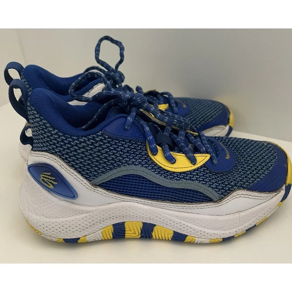 Under Armour Curry Kids Basketball Shoes Blue Yellow White 3027627-400 Size 3.5Y